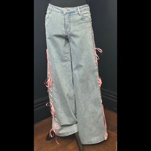 Sugar Thrillz Dolls Kill ‘MISS ME FOREVER’ Denim Blue Jeans Pink Ribbons L NWT